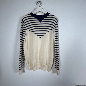 Women's Extrafine Merino Wool Striped Sweater Blue Ivory Crew Neck Pullover Knit
